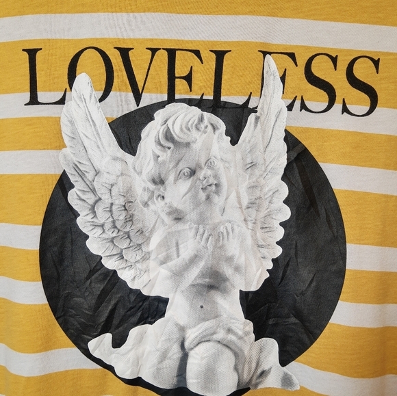 Forever 21"LOVELESS" Men's Yellow White Stripes and Black T-shirt Size M - Picture 2 of 7